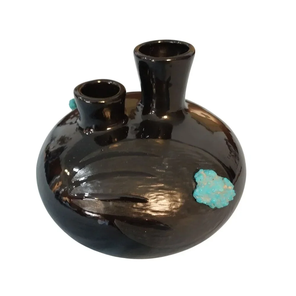 Black Double Spout Vase With Etched Bear Claw and Turquoise Colored Stones